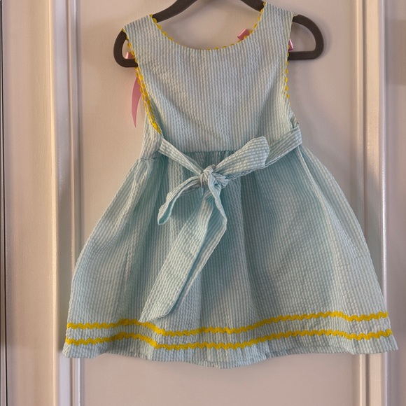 Lil Cactus Blue Seersucker Dress with Chick Appliqué and Pink Bows - Picture 8 of 9